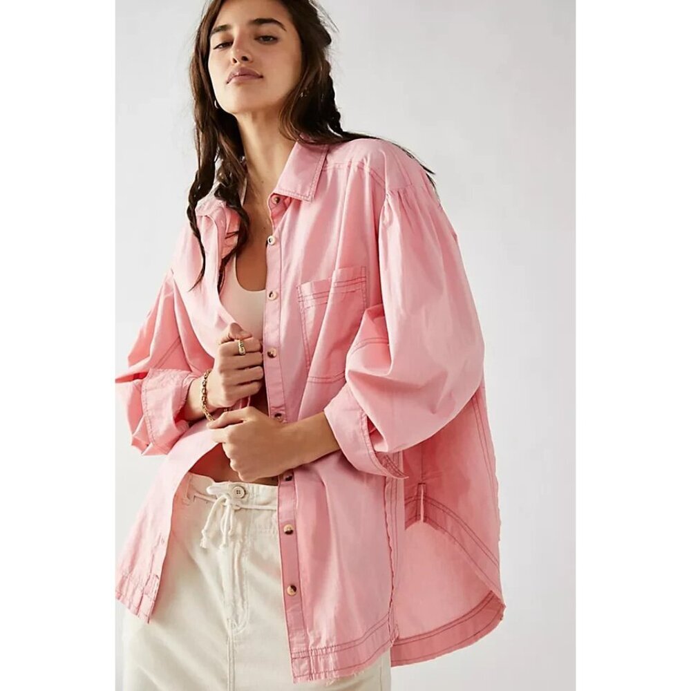 We The Free Happy Hour Solid Poplin Top Pink Free People Size Small FLAWS**